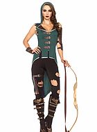 Kvinnlig Robin Hood, maskeraddräkt med topp och leggings, spänne och revor
